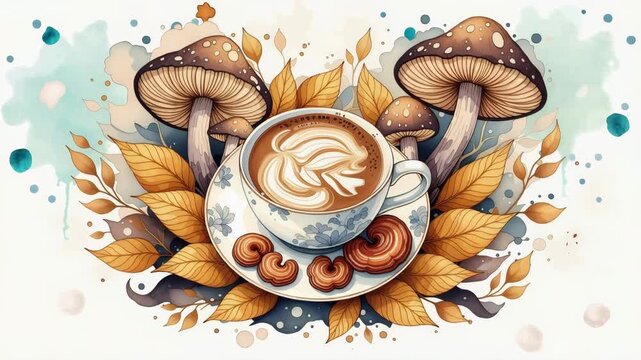 Mug of invigorating mushroom latte with reishi ganoderma on saucer. Adaptogenic coffee with chaga, surrounded by autumn leaves. Herbal drink for health.