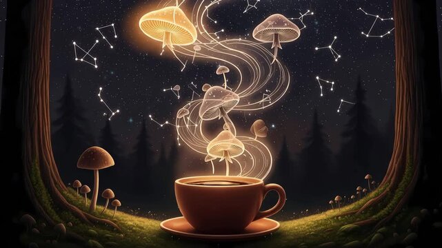 Ethereal glow of mushrooms emerges from a coffee cup with forest and starry night for adaptogenic mushroom coffee concept.