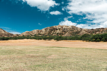 ハワイのオアフ島　ダイヤモンドヘッドと青空の風景　広い芝生の前景