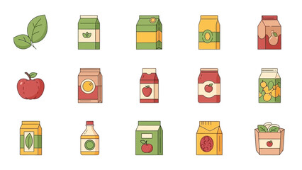 Set of Flat Design Icons for Packaged Food, Dairy, and Beverage Products