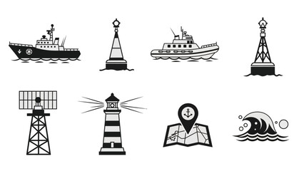 Nautical and Marine Navigation Elements Icon Set Ships, Boats, Lighthouses, Buoys, and Waves