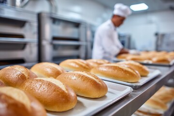 Fresh bread loaves on trays in bakery. Chef preparing baked goods in kitchen. Artisan baking process scene. Golden crust bread close up. Food production background image. Commercial bakery interior.