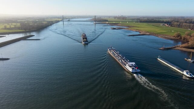Aerial view of a wide river with two cargo ships moving downstream, bordered by green fields, sparse trees, and a distant bridge with wind turbines on the horizon.