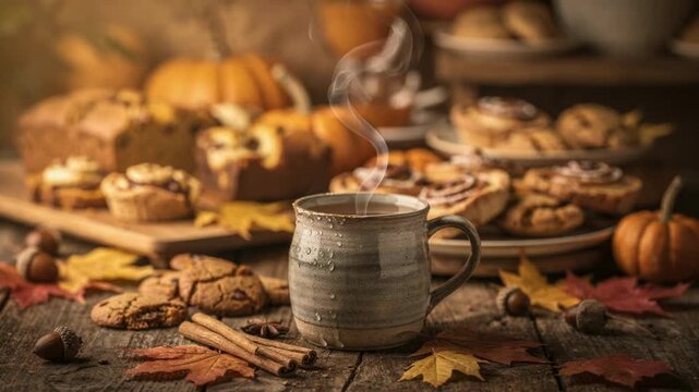 Cozy autumnthemed buffet with a focus on hot cider and spiced baked goods the steaming cup sharply in frame and the rustic table softly blurred.