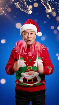 Green Screen senior grandfather old man in christmas sweater hat holding candy striped lollipops fooling around dancing making silly faces isolated on blue background happy new yearcelebration merry