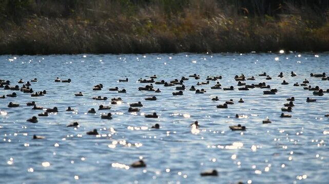 Ducks Resting on Water Surface in Peaceful Lake - Silhouettes of thousands of migrating birds over a calm lake background