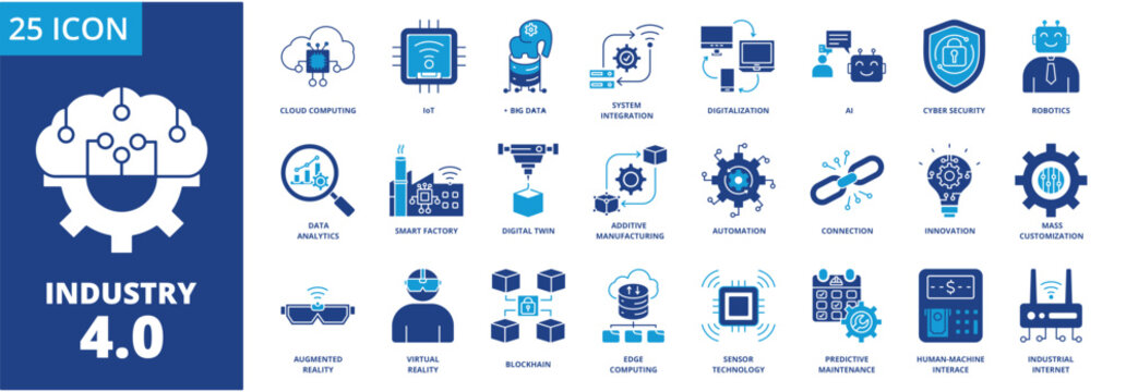 Industry 4.0 icon collection set. Containing Automation, connection,cloud computing, Internet of Things  (iot) , big data, system integration . dual tone vector.