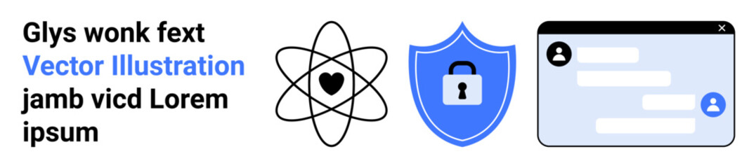 Cybersecurity, communication, science, technology, digital interaction, information protection. Atomic symbol with heart, shield with lock and chat interface. Cybersecurity and communication