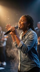 African american woman worshipping and singing with microphone at church event. Praise, modern religion concept for music and worship.
