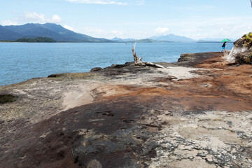 The landscape features a rocky surface with a dry tree and sand accumulated on the rock. In the background, there is a man with a green parasol. In the foreground, the sea is visible