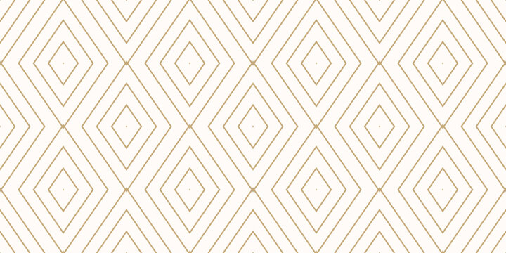 Golden vector minimalist geometric texture. Luxury seamless pattern with linear diamonds, rhombuses, thin lines. Abstract gold minimal grid ornament. Art deco style background. Repeated modern design