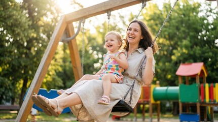 Joyful Swing Ride: A mother and her daughter share a moment of laughter and joy on a swing set in a sunny park, creating a cherished memory. 