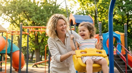 Joyful Playground Moment: A loving interaction unfolds on a bright day as a mother pushes her giggling child on a swing set at a colorful playground.