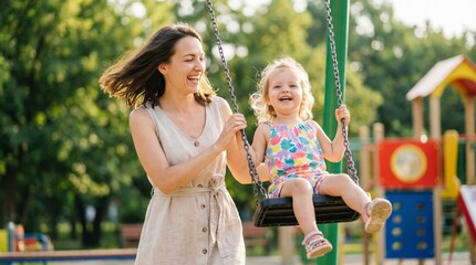 Joyful Playground Moment: A mother lovingly pushes her child on a swing set at a vibrant outdoor playground, a testament to the bond of parenthood.
