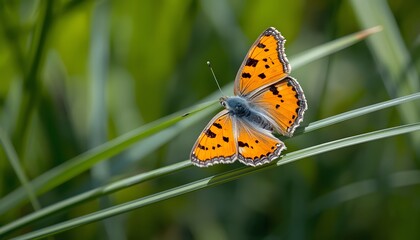 Obraz premium Butterfly resting on leaf and flower in garden