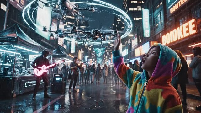 A futuristic street musician with a glowing keytar performs in a vibrant cyberpunk city at night, surrounded by a diverse crowd and a cybernetically enhanced individual.