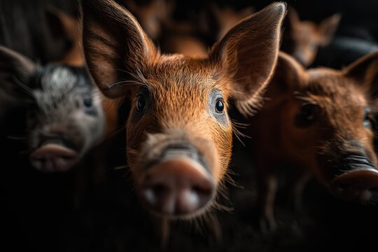 Curious piglets with big expressive eyes looking straight at the camera in a cozy barn setting, adorable young pigs showcasing farm life, perfect for animal and agriculture themes