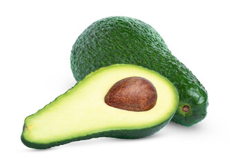 Ripe green fresh avocado and half of green avocado with seed isolated.