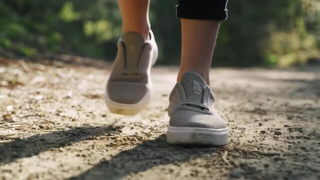 Close-up of a persons feet in sneakers walking on a dirt path in a park on a sunny day.