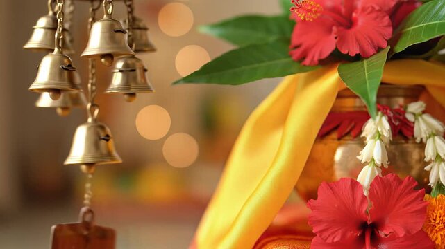 Gudi Padwa Puja Bells Flowers Kalash Hindu Festival Decoration