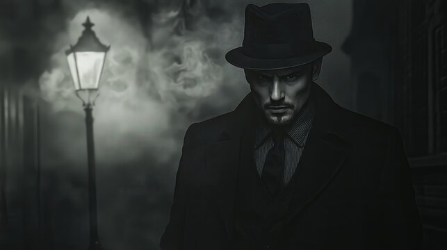 A mysterious man in a fedora and trench coat stands in a foggy street at night. The noir-style scene features a glowing vintage lamp post in the mist.