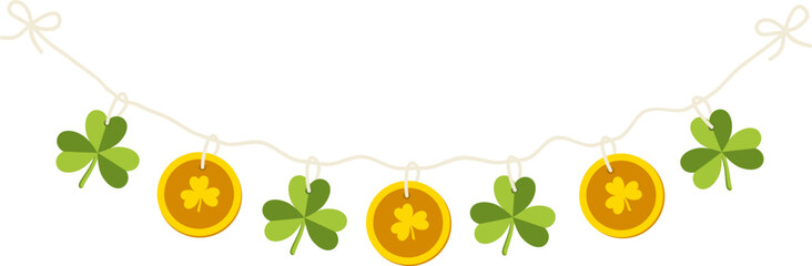 Vector garland for St. Patrick's Day isolated on white background.  Festive decoration made of gold coins and green clover © Nadiia Lehkobyt