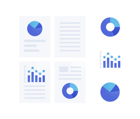 ビジネスに関する書類（データ）のセット。グラフやレポートのベクターアイコン素材。