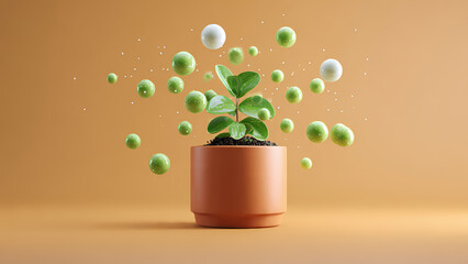 Fototapeta premium Creative plant in terracotta pot with floating green spheres on orange background