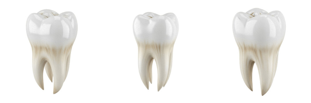 Human molar tooth isolated on white background, dental anatomy close up, realistic tooth model, posterior tooth structure, healthy enamel dentin pulp, dentistry education, odontogram reference