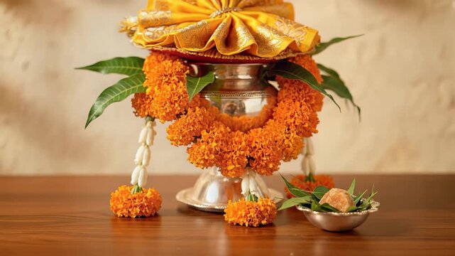 Traditional Hindu Kalash Decoration with Marigold Flowers for Gudi Padwa
