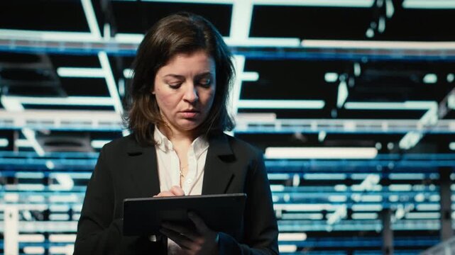 Close up of data center DevOps engineer optimizing server load balancing using tablet. Server farm worker adjusting system parameters on device to improve efficiency, camera B