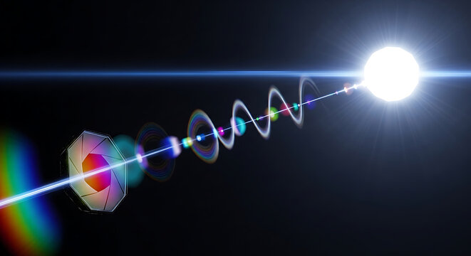 optical physics light ray passing through octagonal lens aperture creating spectrum refraction and vibrant lens flares for tech concepts.