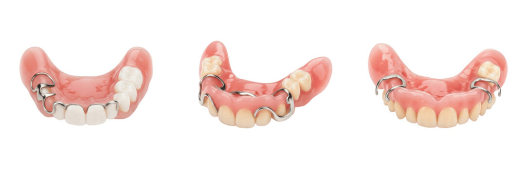 Partial denture isolated on white background, removable dental prosthesis close up for missing teeth replacement, acrylic and metal framework appliance used in prosthodontics dentistry treatment