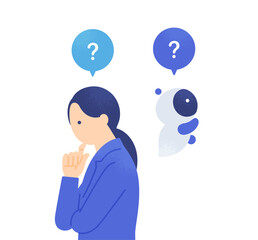 課題に直面して思案するビジネスウーマンとAI。背中合わせで考え込むロボットと女性。
