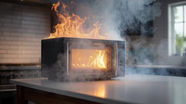 Microwave oven catching fire and burning intensely in a modern kitchen setting, with smoke billowing out.