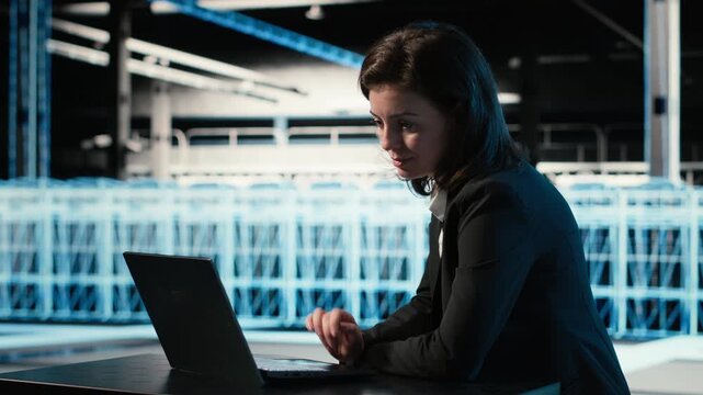 Optimizing server, laptop and software developer in data center doing load balancing. Adjusting system parameters, notebook and woman in server farm at desk improving efficiency, camera B
