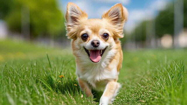 A happy long-haired Chihuahua dog runs across a lush green grassy field in a park on a bright, sunny day, panting with excitement.