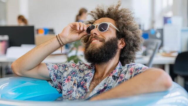 Bearded man relaxing in an inflatable pool inside a corporate office, smiling and adjusting sunglasses.