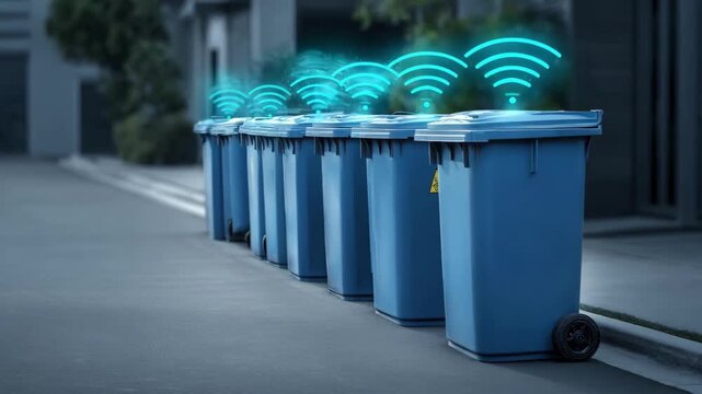 Smart bin network transmitting fullness data via wireless signals showcasing modern IoT integration for efficient garbage collection.