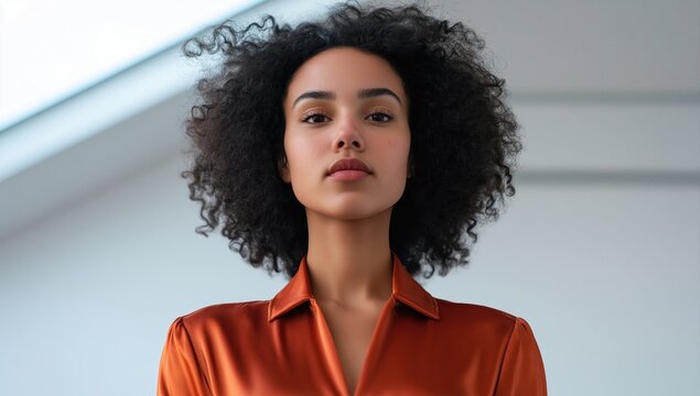 Confident young African American woman posing indoors. Wearing an orange satin blouse and showcasing natural beauty with her curly afro hair. Capturing a close-up portrait with a determined expression