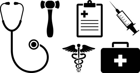 Fototapeta premium Healthcare and medical equipment silhouette icons featuring stethoscope, syringe, reflex hammer, clipboard, caduceus symbol and first aid kit isolated on white background