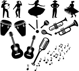Latin music and dance silhouette set with musicians, instruments, microphones, guitars, trumpets, percussion, and musical notes, minimalist black icons for festival, culture, performance, 