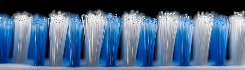 Obraz premium Close-up of a toothbrush bristle head featuring blue and white nylon bristles, emphasizing dental hygiene and oral care
