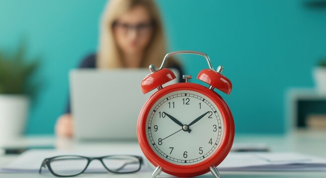 Red alarm clock on an office desk, symbolizing time management, deadlines, and urgency while a blurred businesswoman is working on a laptop in the background