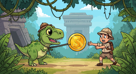 Cartoon Dinosaur and Explorer Trading Gold Coin. © Azrha