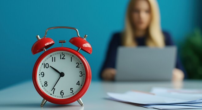Red alarm clock on office desk symbolizing urgency and time management for a blonde woman working diligently on her laptop, focusing on productivity and approaching deadlines