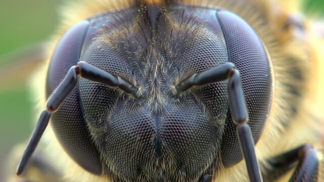 Macro close-up of bee face showing compound eyes and antennae, bee biology, detail.