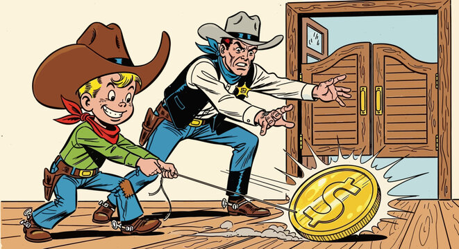 Cowboy and Youngster Pulling Large Dollar Coin.