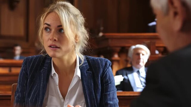 Medium shot of a legal professional coaching a nervous witness for a criminal trial emphasizing body language and truthful testimony in a formal setting.