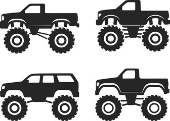 Monster Truck and Lifted Off Road Pickup Silhouettes Collection Featuring Big Wheel 4x4 Vehicles and Offroad SUV Icons Isolated on White Background © Sarsoti